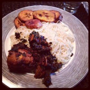 Spaghetti, smoked chicken (if I remember correctly), efo riro (usually made with boiled spinach) and plantain.