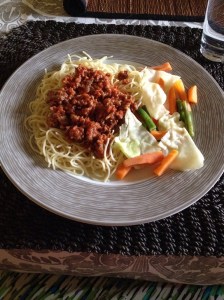 Finally, something healthy. :D Spaghetti with a minced beef sauce served with a salad.