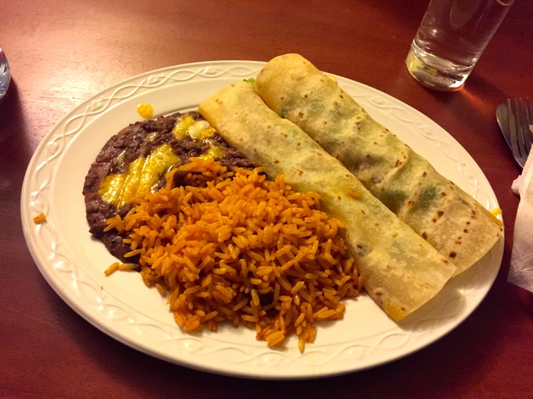 Shrimp tacos, Refried Beans and Mexican Rice.